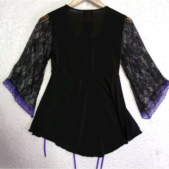 Dare To Wear Purple/Black Lace Up Bell Lace Sleeve Gothic Top Women's Size M NEW - Picture 13 of 15